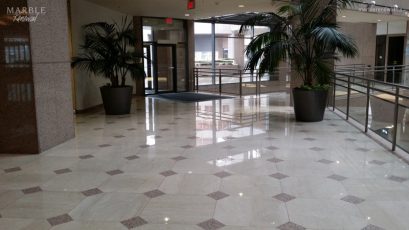 Commercial Lobby, Polished Marble and Granite Floor - Scope of work: sand and polish marble, sand and hone granite plus protect floor with a penetrating sealer.